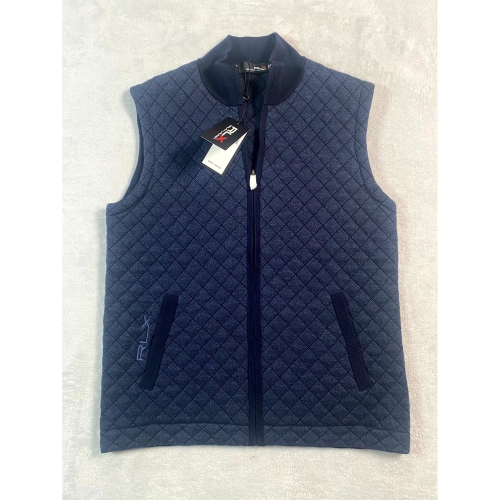 $298 RLX‎ Ralph Lauren Quilted Golf Vest Mens S Navy Logo Cotton Silk Blend Zip